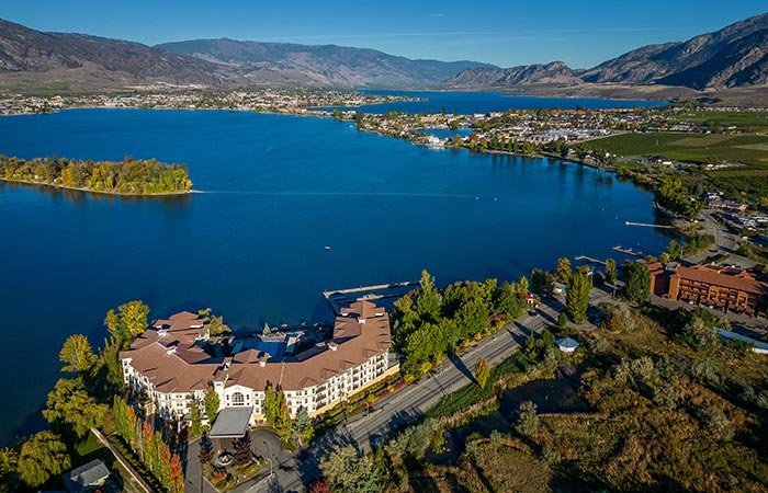 Aerial view from resort perspective of lake and surrounding landscape